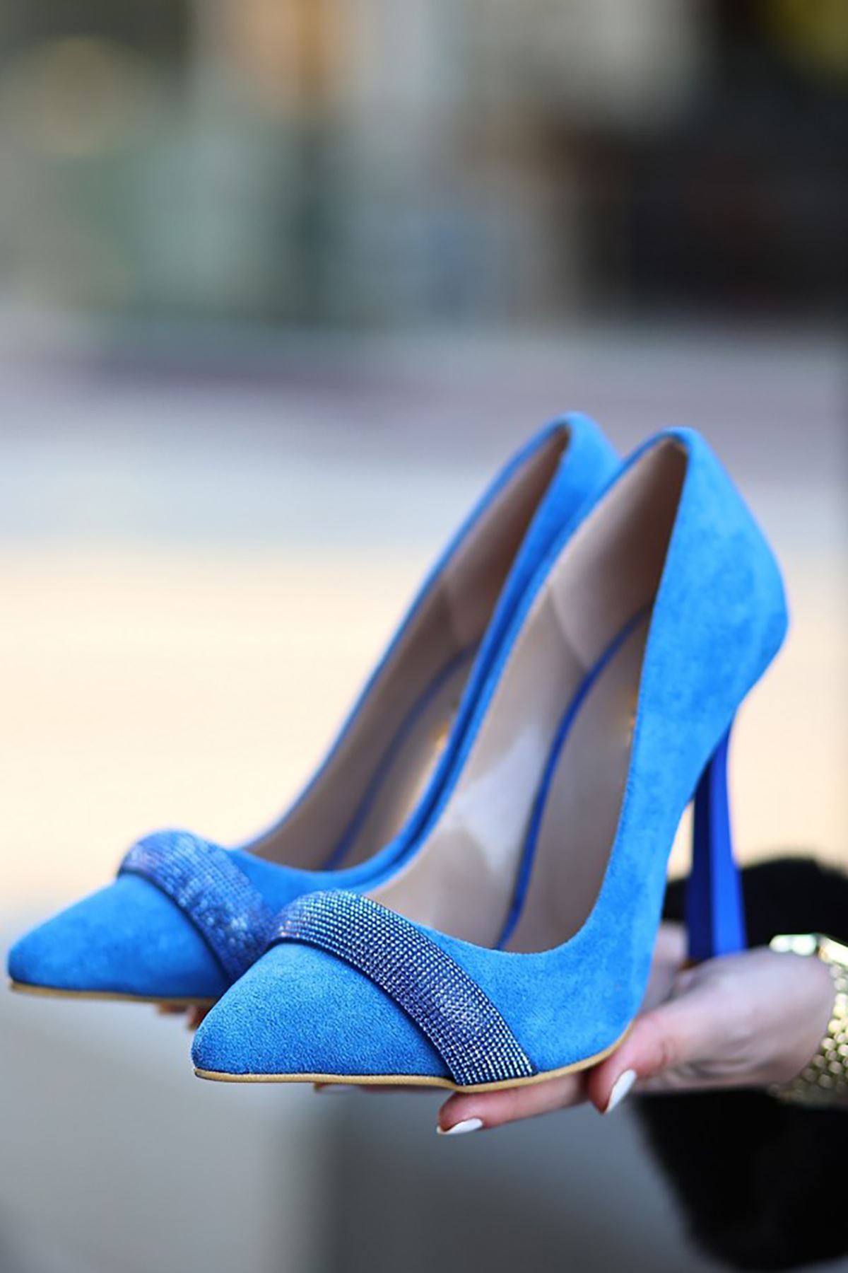 ERBGİDA Mavi Süet Kadın İnce Topuklu Ayakkabı