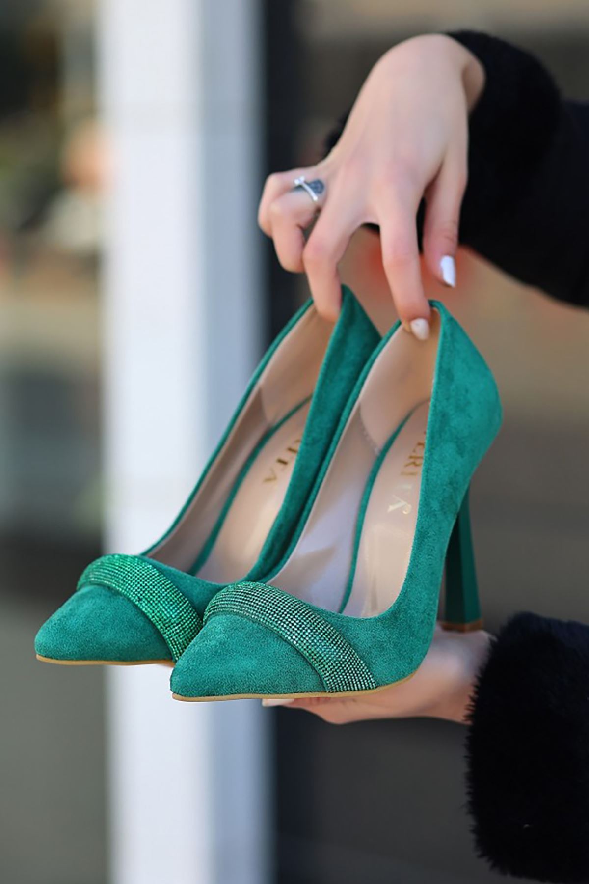 ERBGİDA Yeşil Süet Kadın İnce Topuklu Ayakkabı