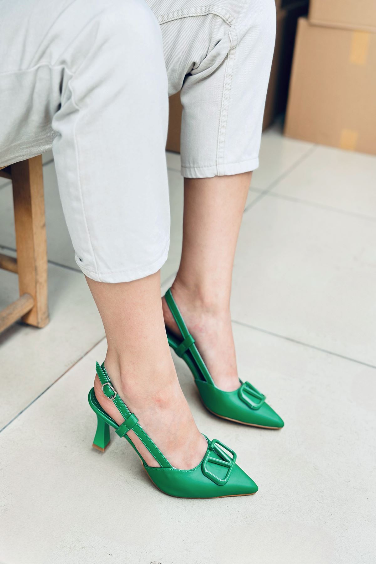 Mida Shoes Y3033 Yeşil Deri Tokalı Kadın Topuklu Ayakkabı