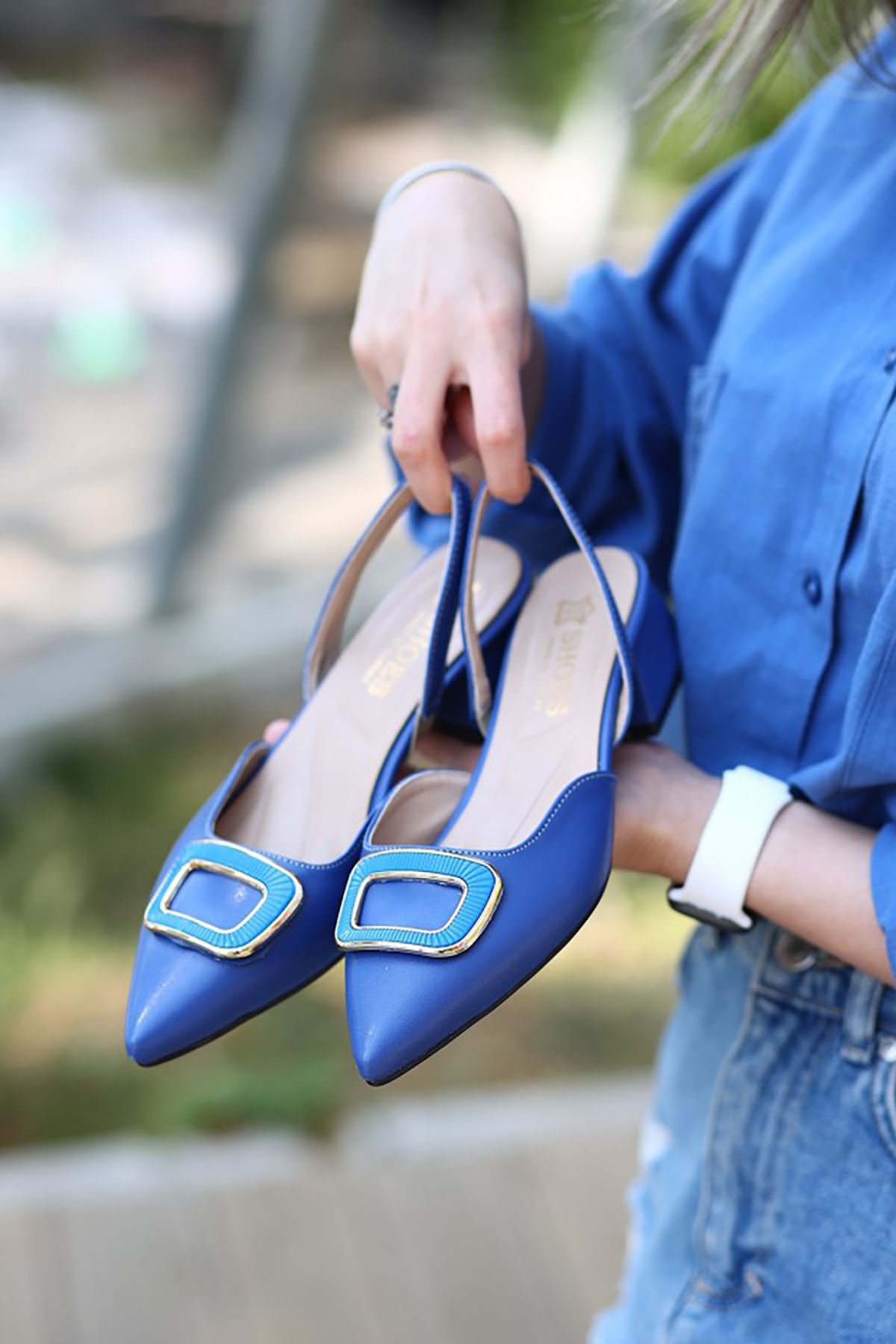 Mida Shoes ERBTulya Mavi Deri Tokalı Kadın Topuklu Babet