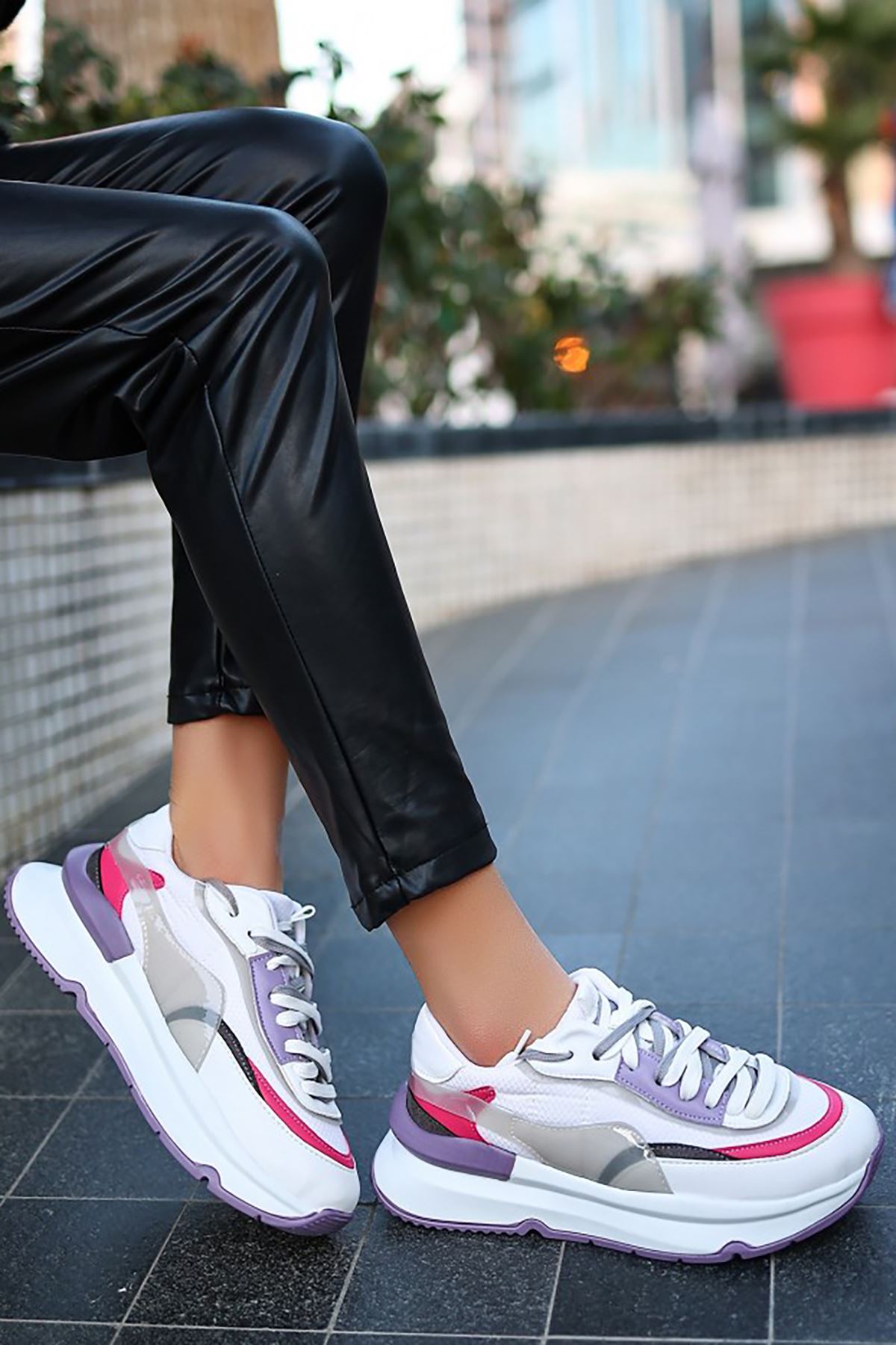 Mida Shoes ERBALEH Beyaz Lila Deri Bağıcıklı Kadın Spor Ayakkabı
