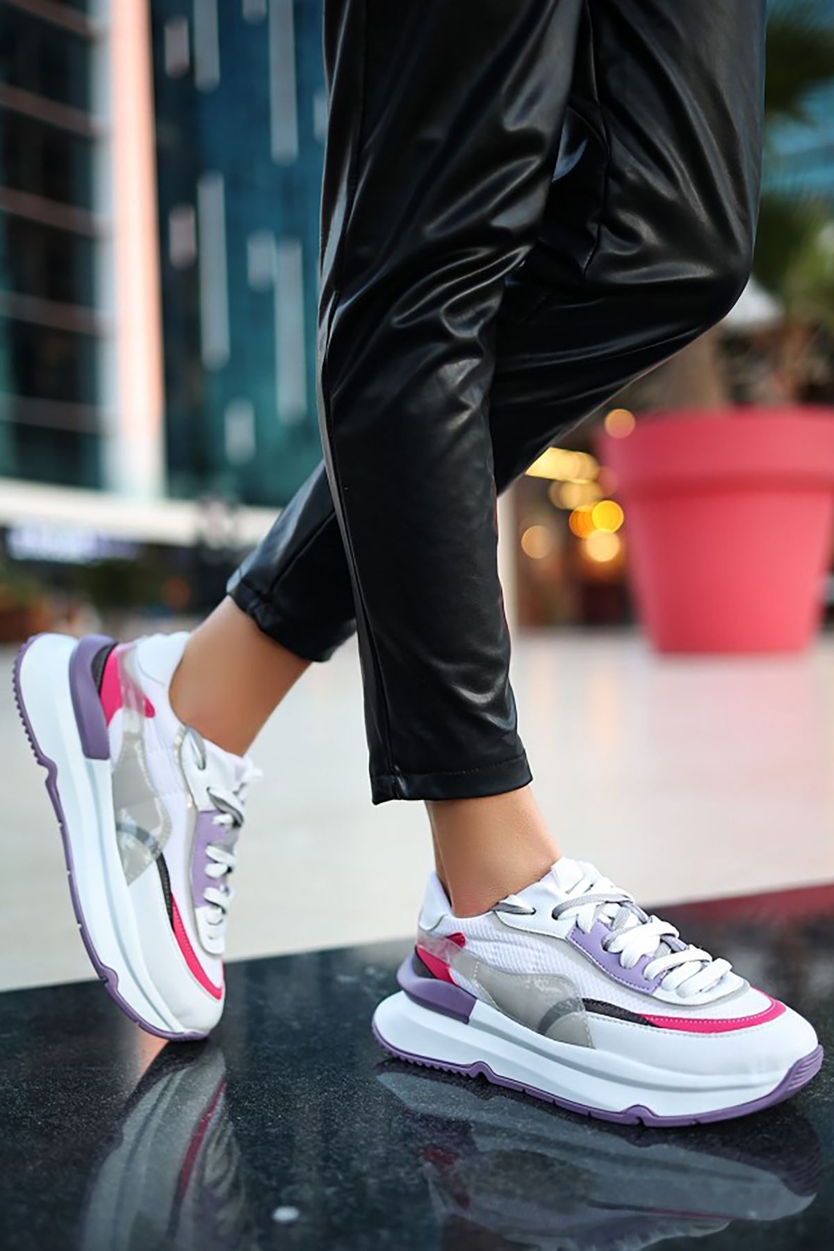 Mida Shoes ERBALEH Beyaz Lila Deri Bağıcıklı Kadın Spor Ayakkabı