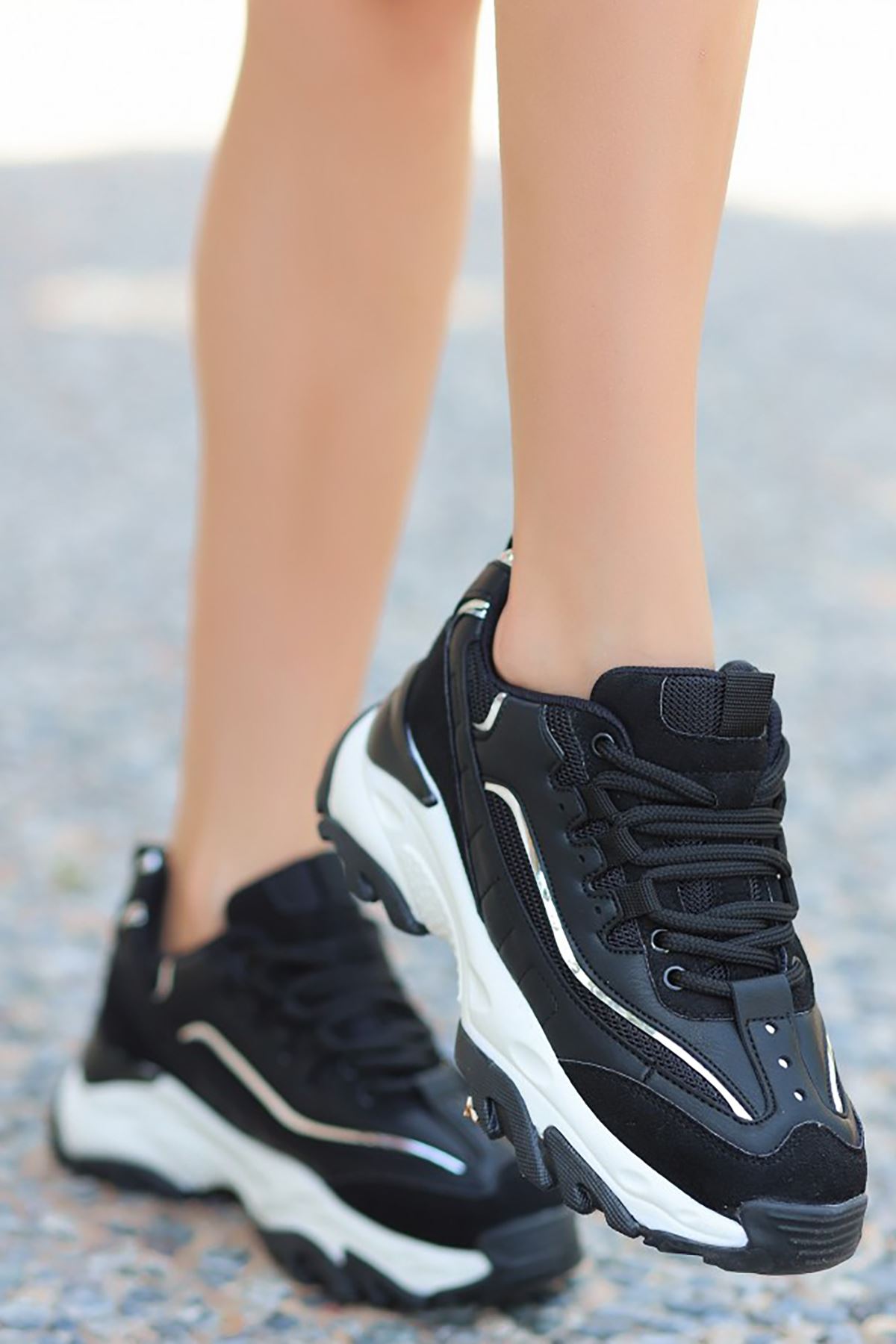 Mida Shoes ERBARCA Siyah Gümüş Deri Bağıcıklı Kadın Spor Ayakkabı