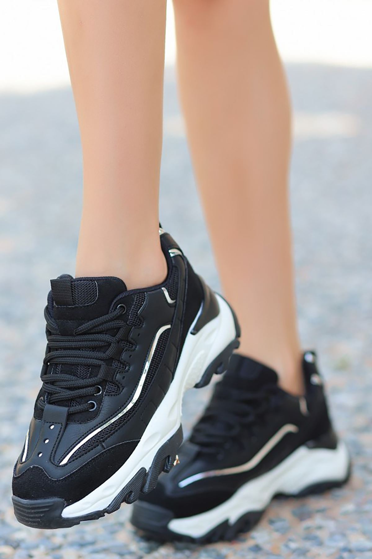 Mida Shoes ERBARCA Siyah Gümüş Deri Bağıcıklı Kadın Spor Ayakkabı