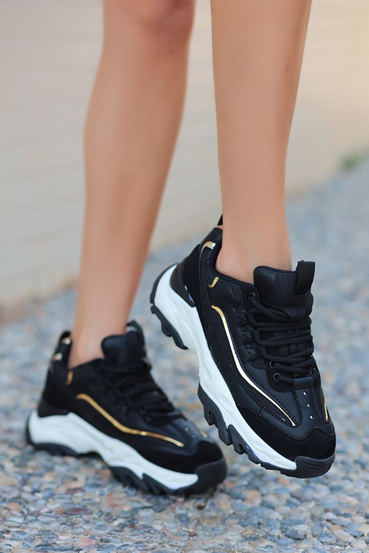 Mida Shoes ERBARCA Siyah Sarı Deri Bağıcıklı Kadın Spor Ayakkabı