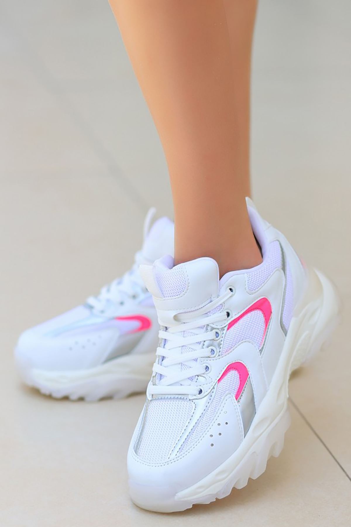 Mida Shoes ERBEJDA Beyaz Fuşya Deri Bağıcıklı Kadın Spor Ayakkabı