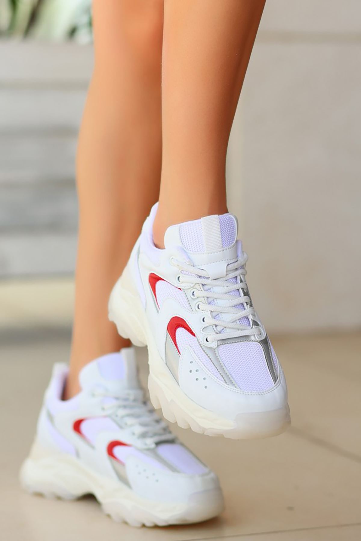 Mida Shoes ERBEJDA Beyaz Kırmızı Deri Bağıcıklı Kadın Spor Ayakkabı