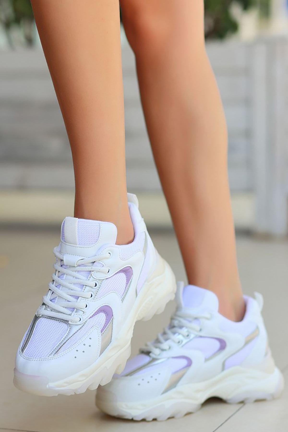 Mida Shoes ERBEJDA Beyaz Lila Deri Bağıcıklı Kadın Spor Ayakkabı