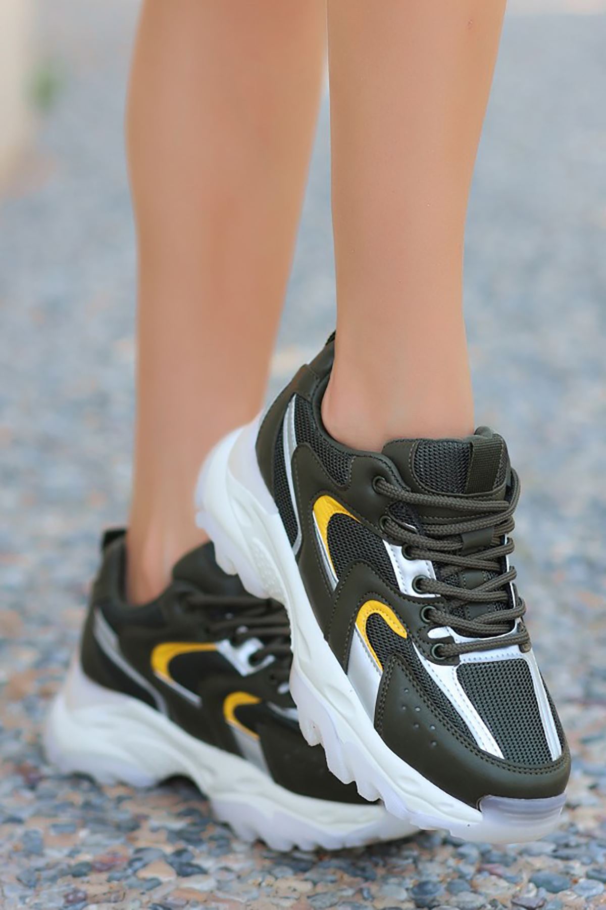 Mida Shoes ERBEJDA Haki Sarı Deri Bağıcıklı Kadın Spor Ayakkabı
