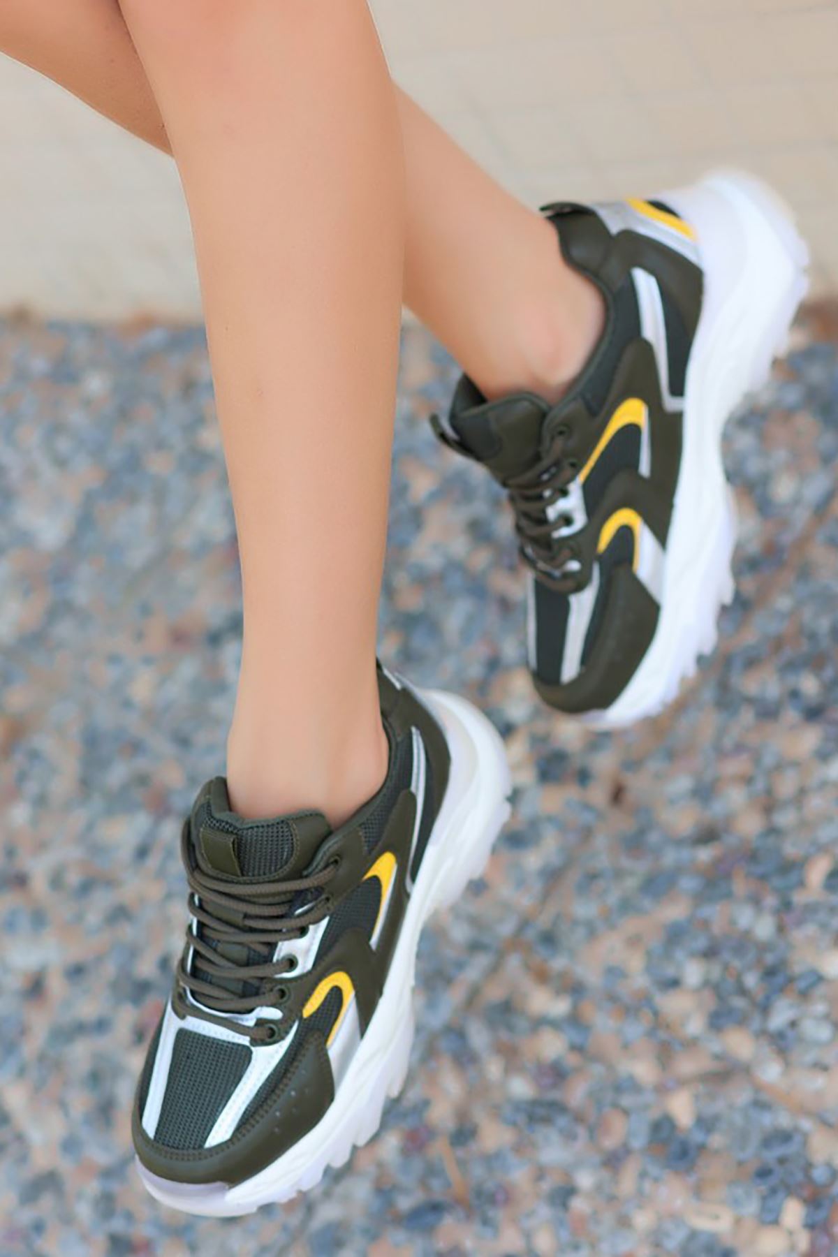 Mida Shoes ERBEJDA Haki Sarı Deri Bağıcıklı Kadın Spor Ayakkabı