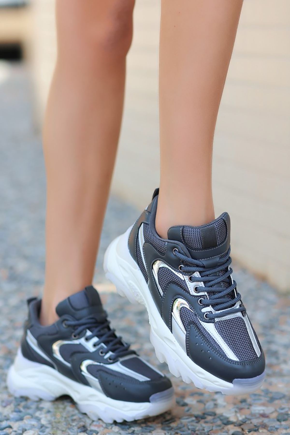 Mida Shoes ERBEJDA Gri Gümüş Deri Bağıcıklı Kadın Spor Ayakkabı
