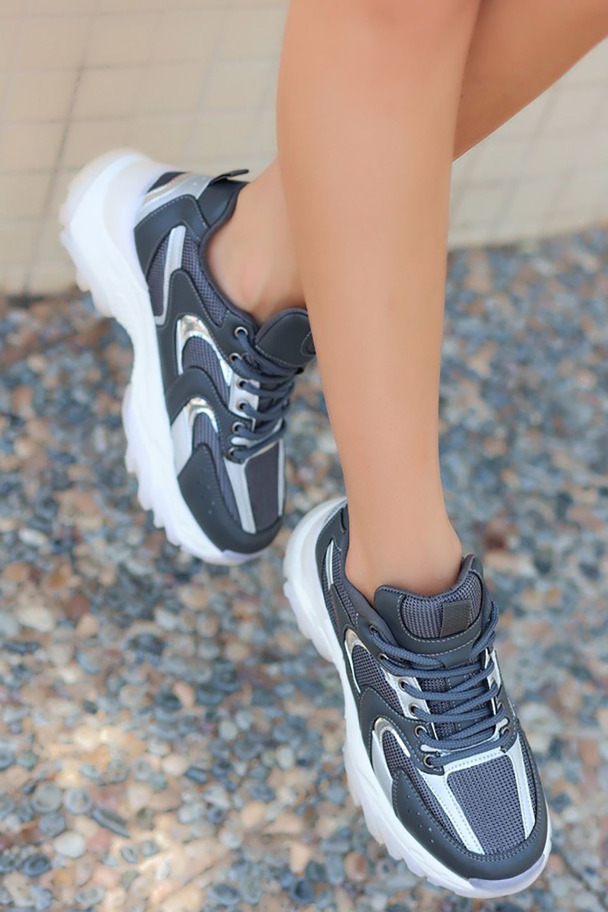 Mida Shoes ERBEJDA Gri Gümüş Deri Bağıcıklı Kadın Spor Ayakkabı