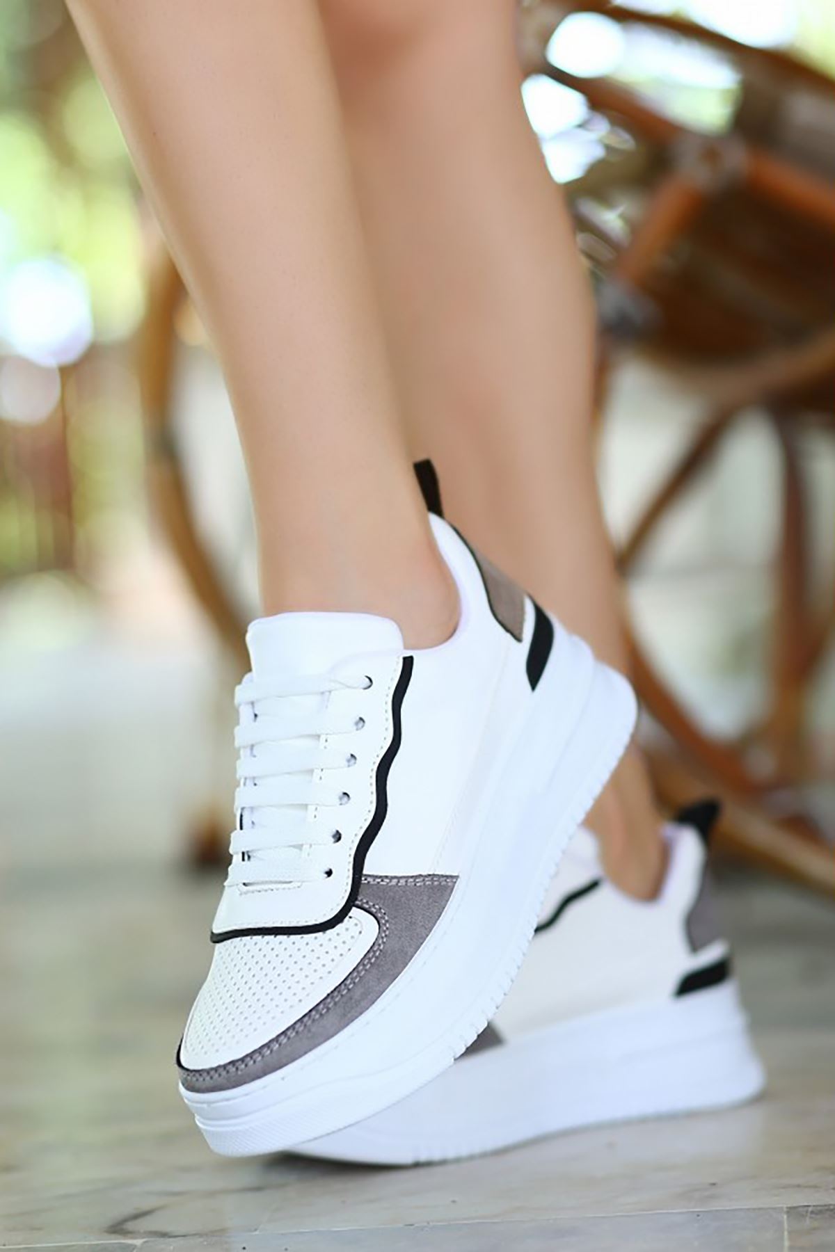Mida Shoes ERBWONDİO Beyaz Gri Bağcıklı Kadın Spor Ayakkabı