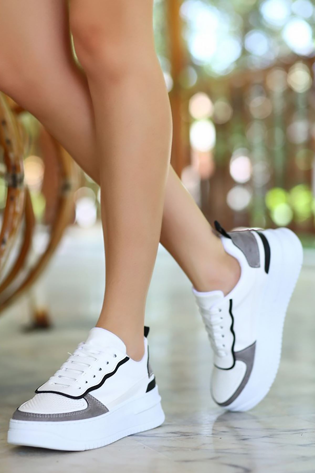 Mida Shoes ERBWONDİO Beyaz Gri Bağcıklı Kadın Spor Ayakkabı
