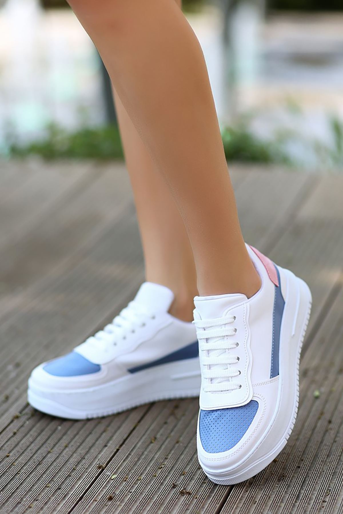 Mida Shoes ERBWONDİO Beyaz Mavi Bağcıklı Kadın Spor Ayakkabı