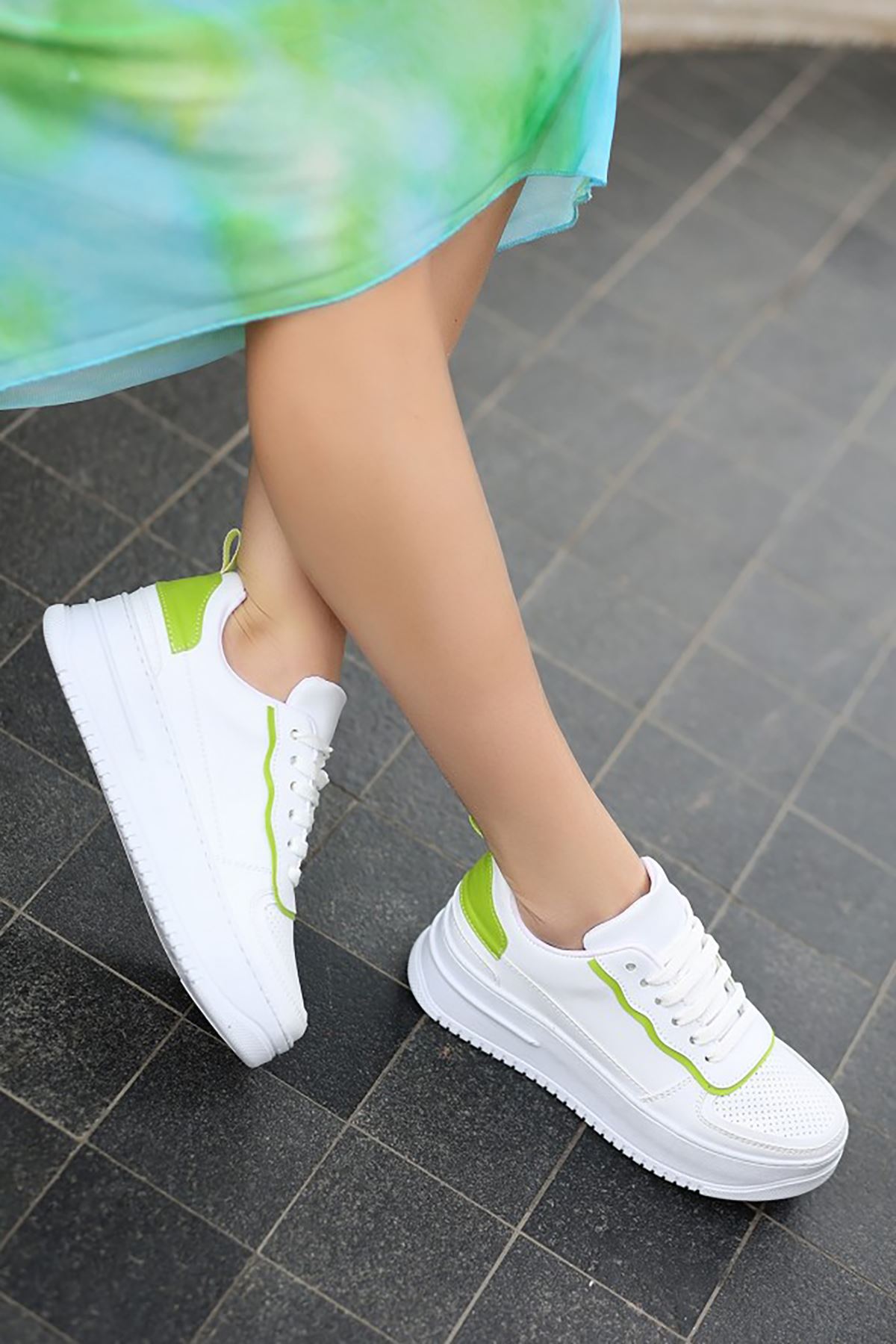Mida Shoes ERBWONDİO Beyaz Yeşil Bağcıklı Kadın Spor Ayakkabı