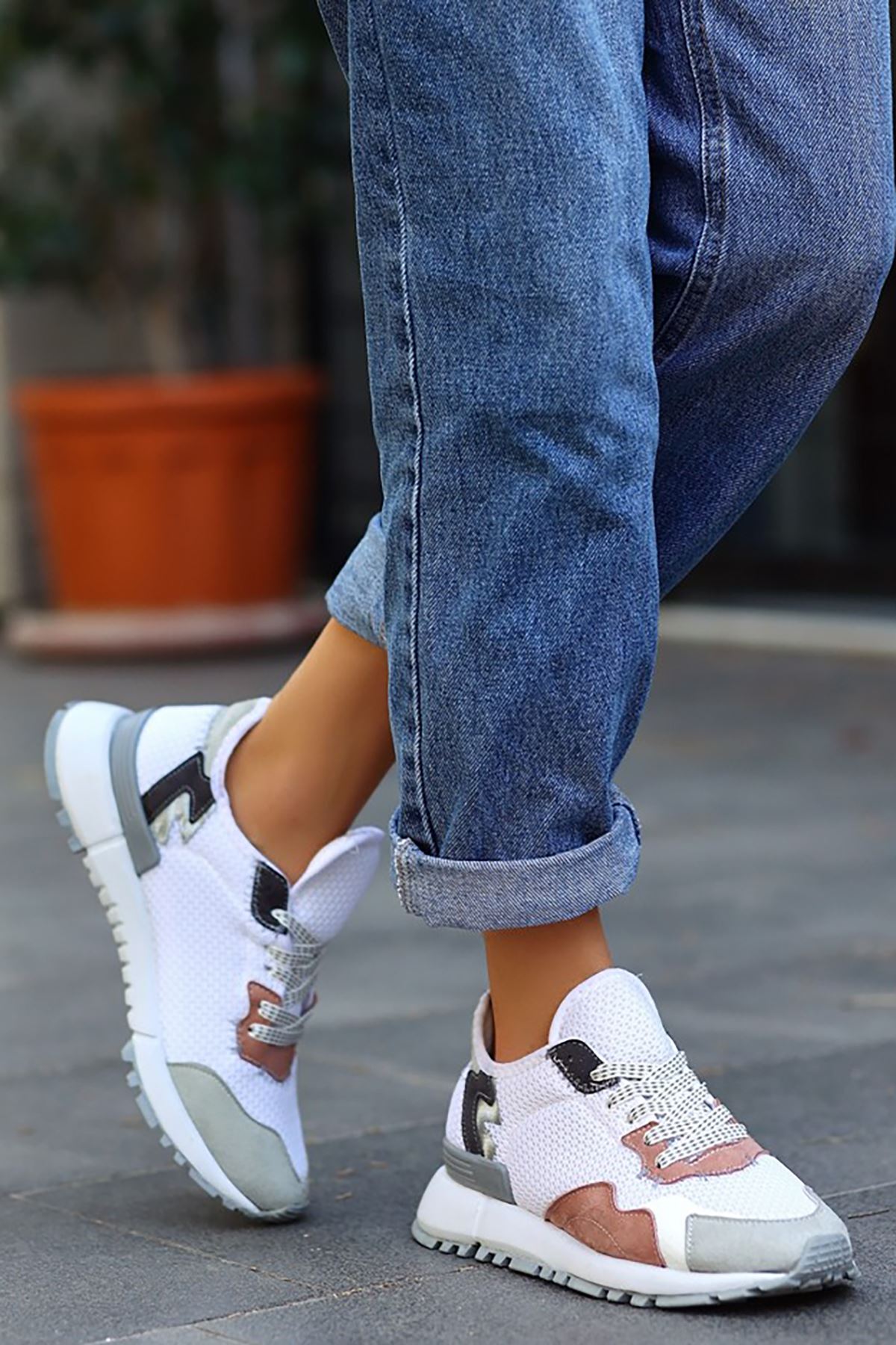 Mida Shoes ERBJAİLE Beyaz Açık Gri Deri Bağcıklı Kadın Spor Ayakkabı