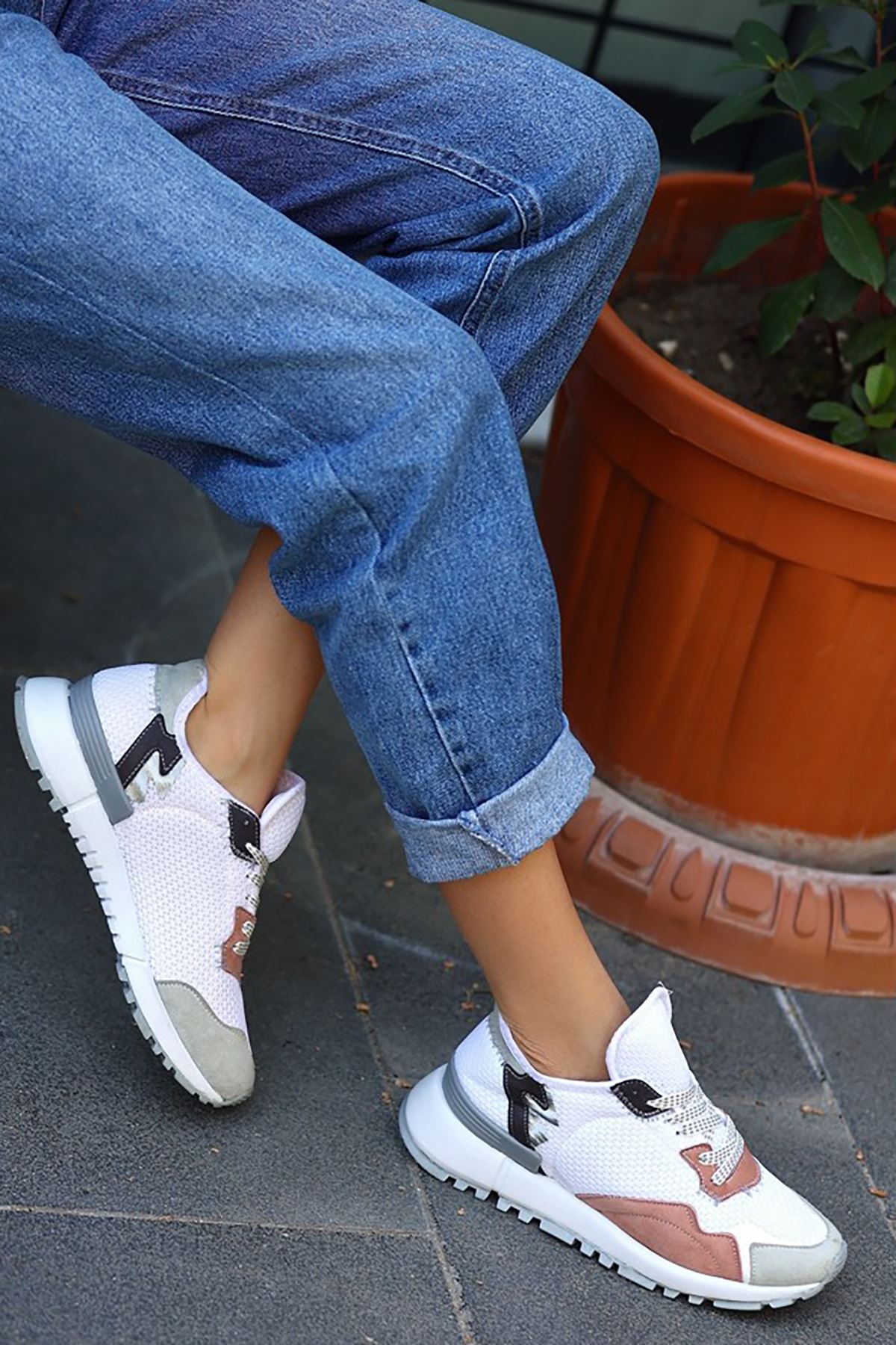 Mida Shoes ERBJAİLE Beyaz Açık Gri Deri Bağcıklı Kadın Spor Ayakkabı