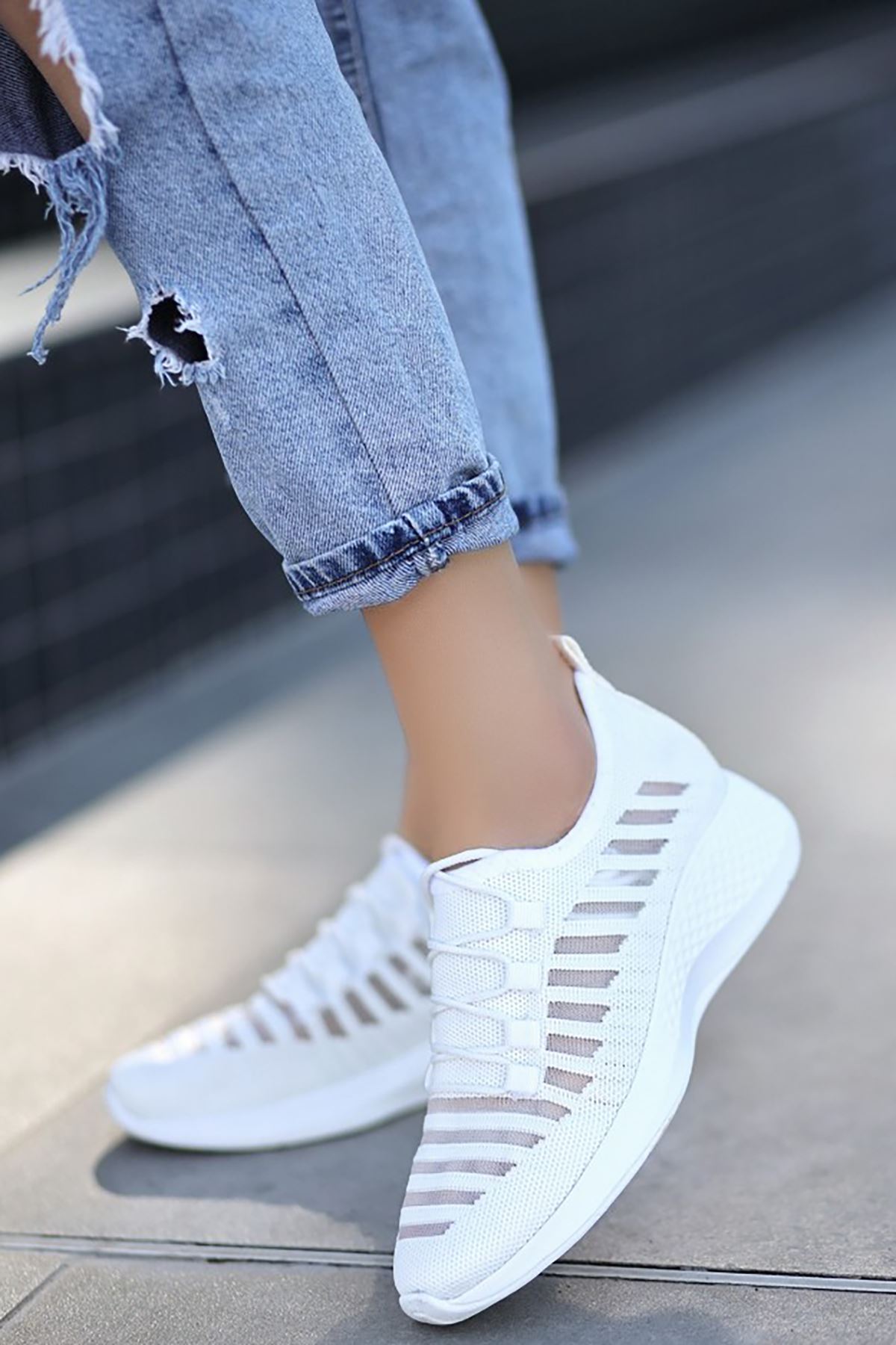 Mida Shoes ERBWina Beyaz Triko Bağcıklı Kadın Spor Ayakkabı
