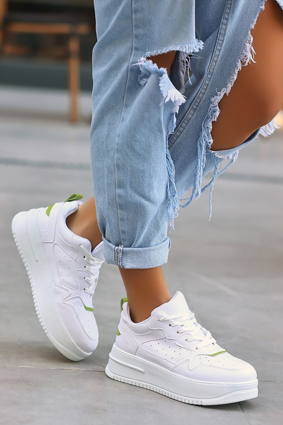 Mida Shoes ERBNAXİ Beyaz Yeşil Deri Bağcıklı Kadın Spor Ayakkabı
