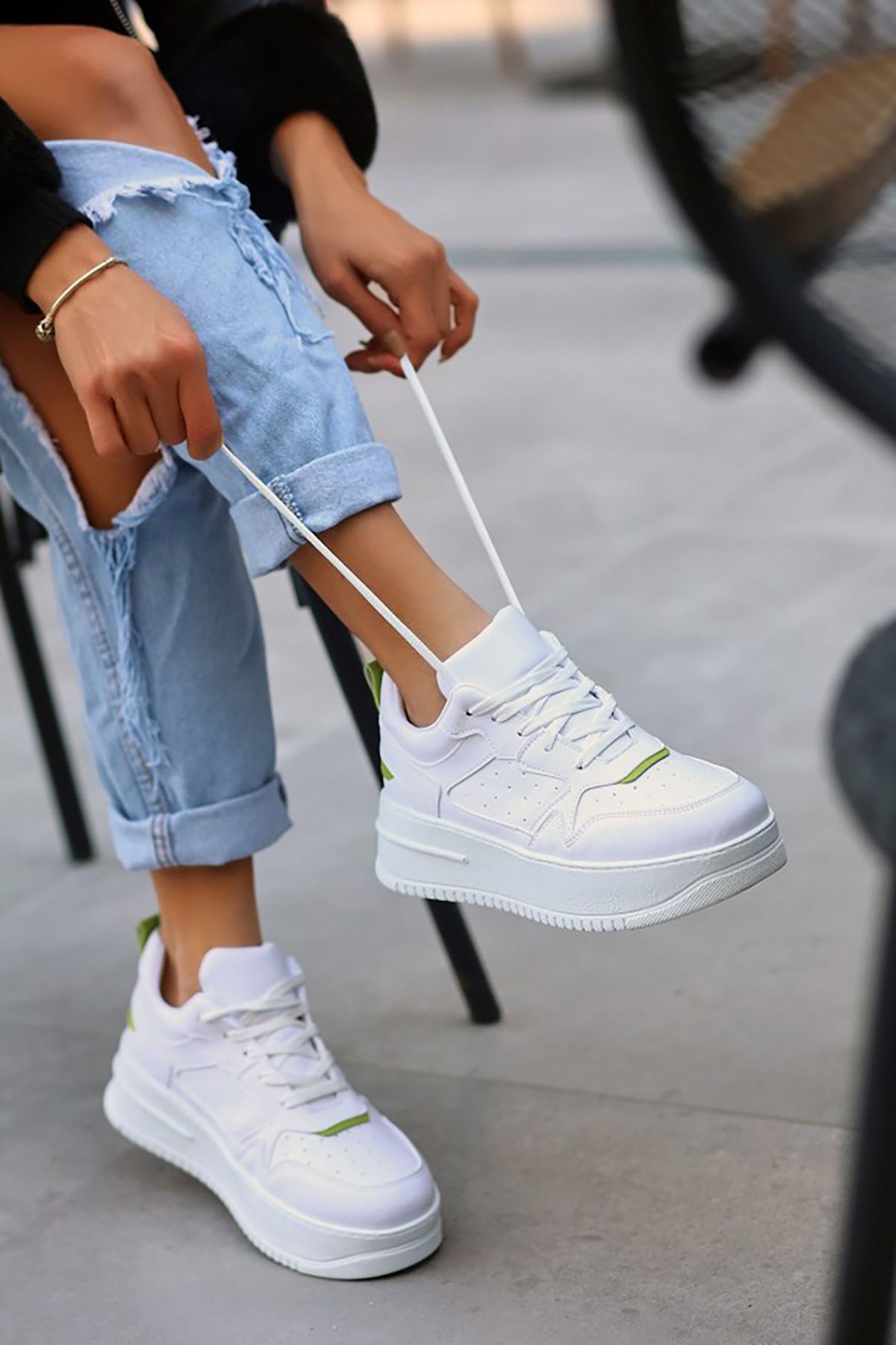 Mida Shoes ERBNAXİ Beyaz Yeşil Deri Bağcıklı Kadın Spor Ayakkabı