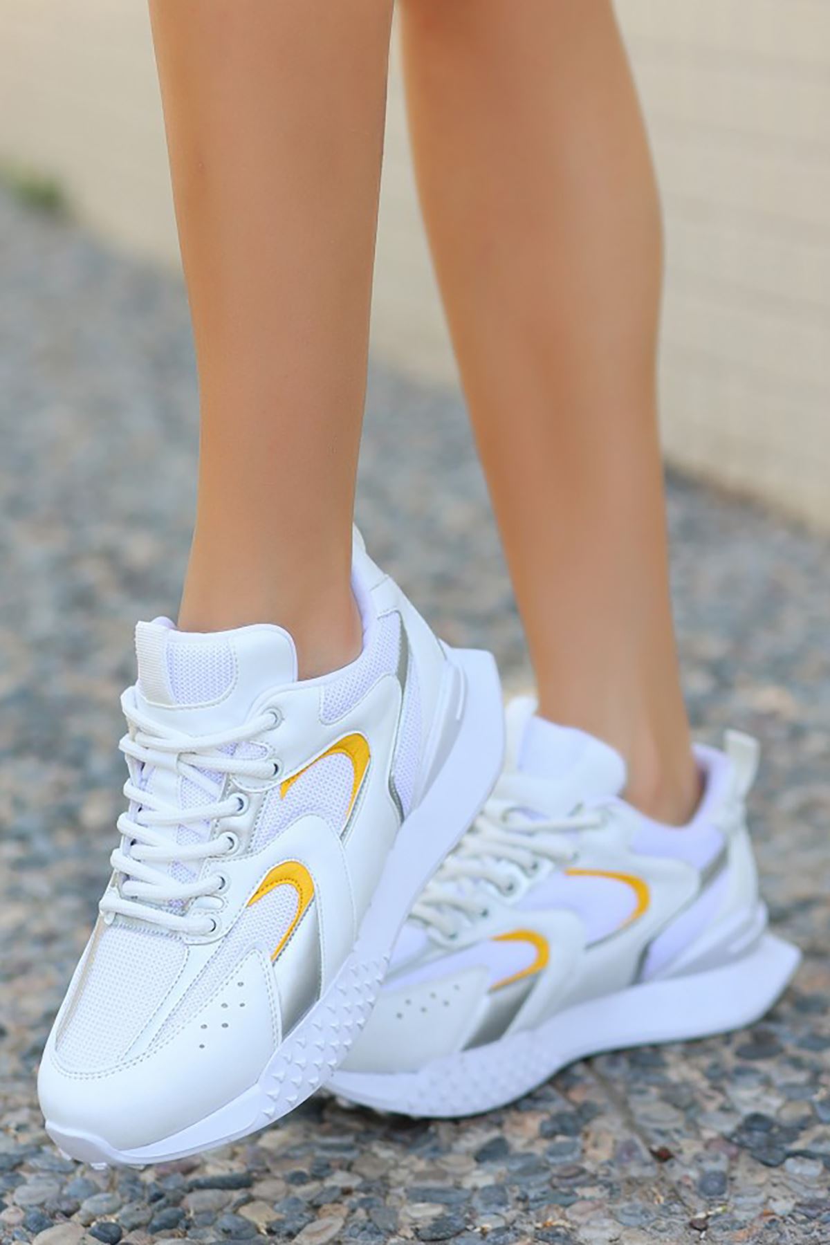 Mida Shoes ERBLİCY Beyaz Sarı Deri Bağıcıklı Kadın Spor Ayakkabı