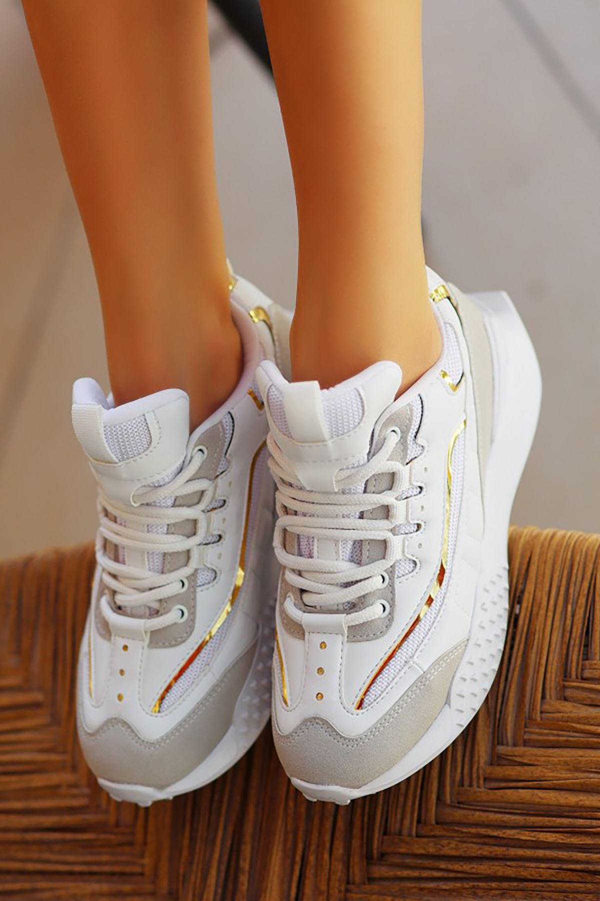 Mida Shoes ERBJeyar Beyaz Sarı Deri Bağcıklı Kadın Spor Ayakkabı