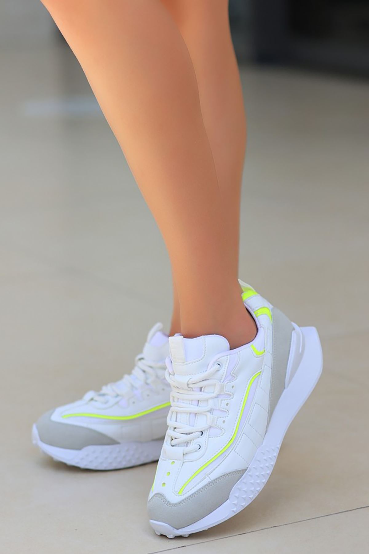 Mida Shoes ERBJeyar Beyaz Yeşil Deri Bağcıklı Kadın Spor Ayakkabı