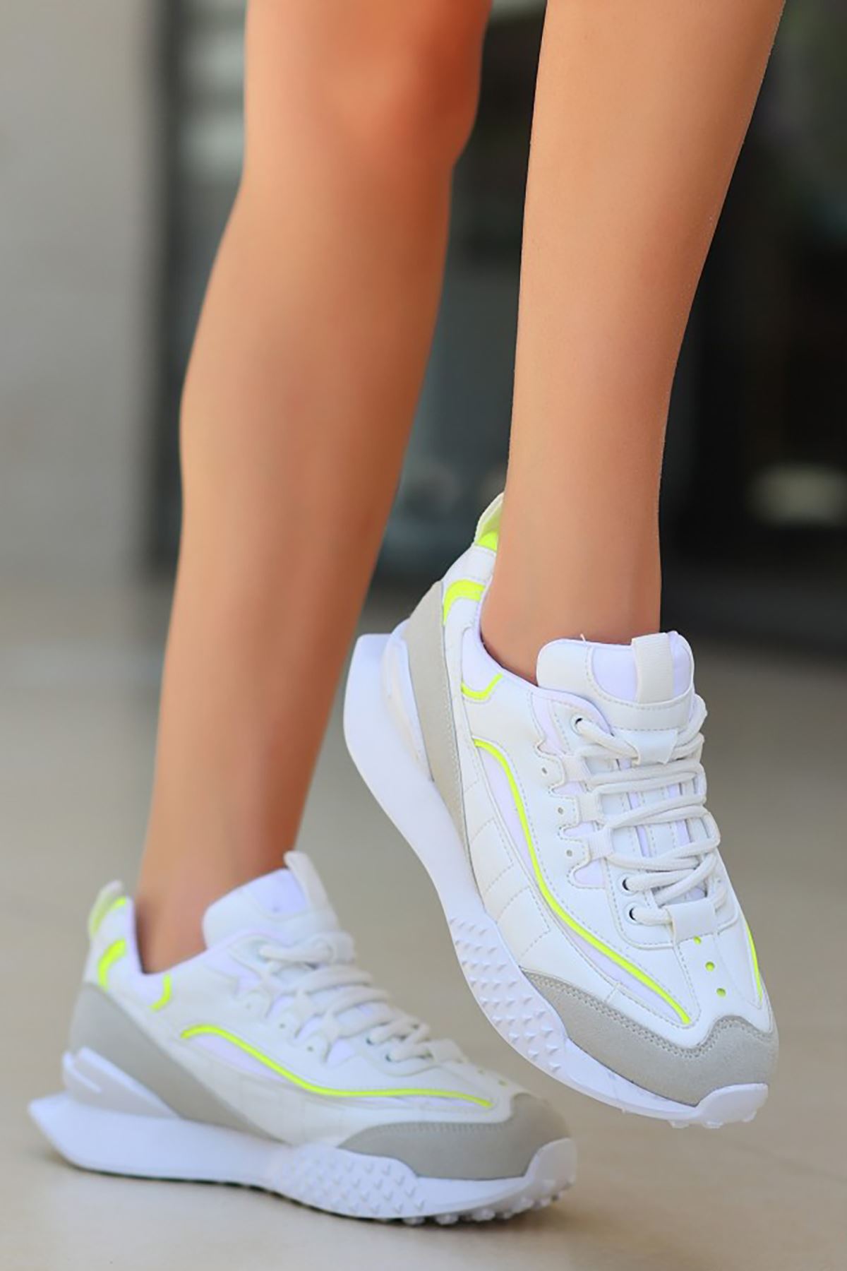 Mida Shoes ERBJeyar Beyaz Yeşil Deri Bağcıklı Kadın Spor Ayakkabı