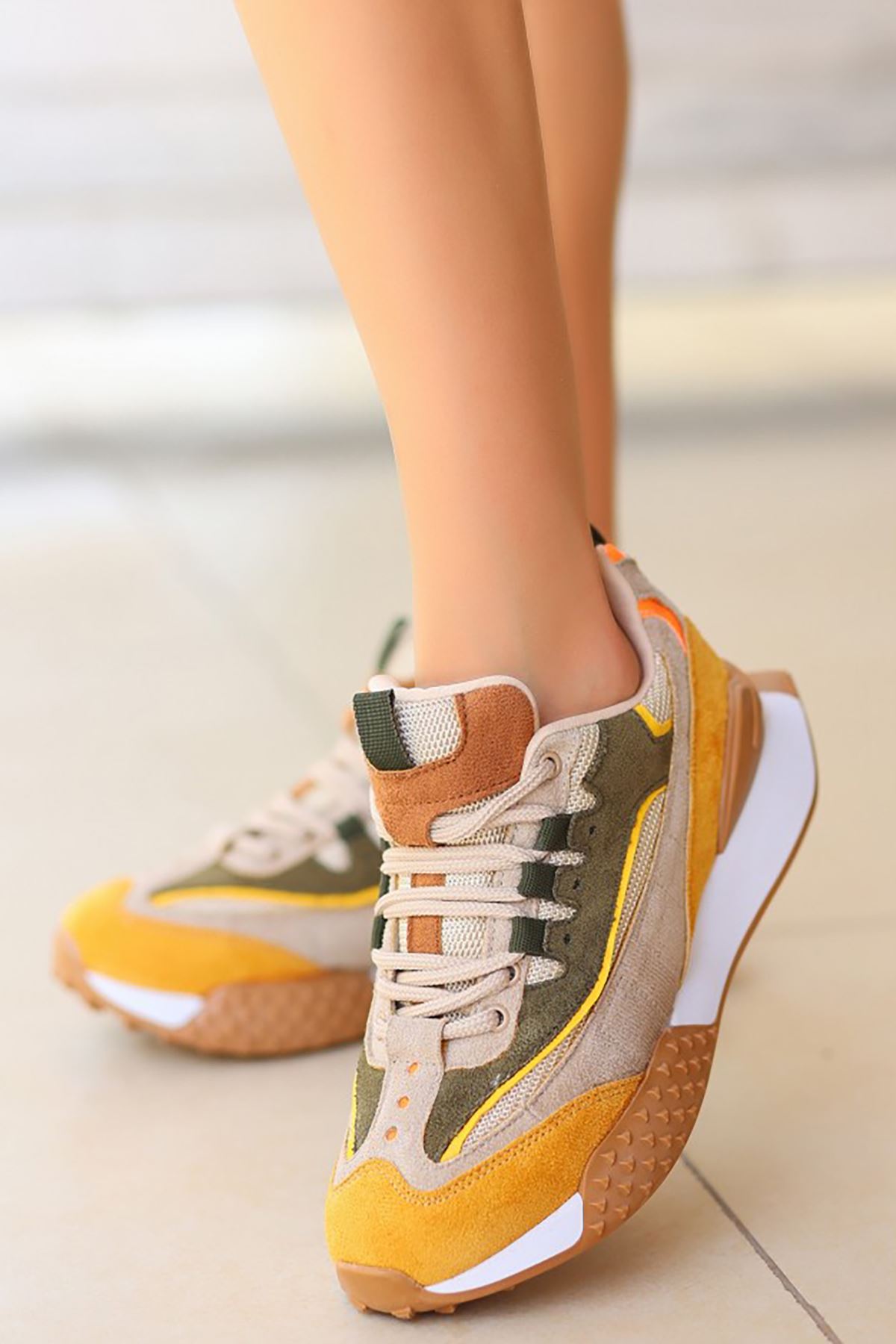 Mida Shoes ERBJeyar Hardal Yeşil Deri Bağcıklı Kadın Spor Ayakkabı