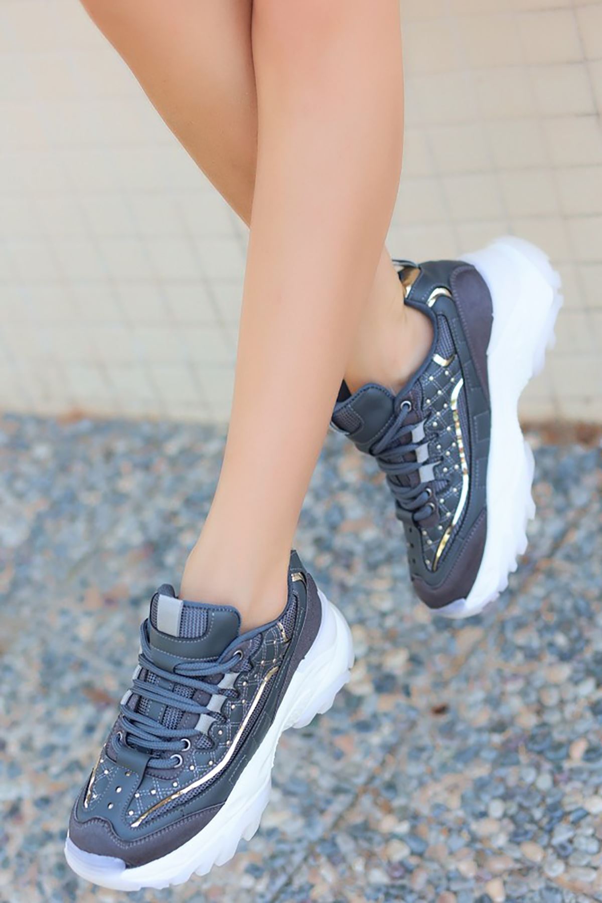 Mida Shoes ERBJİLA Gri Deri Bağcıklı Kadın Spor Ayakkabı