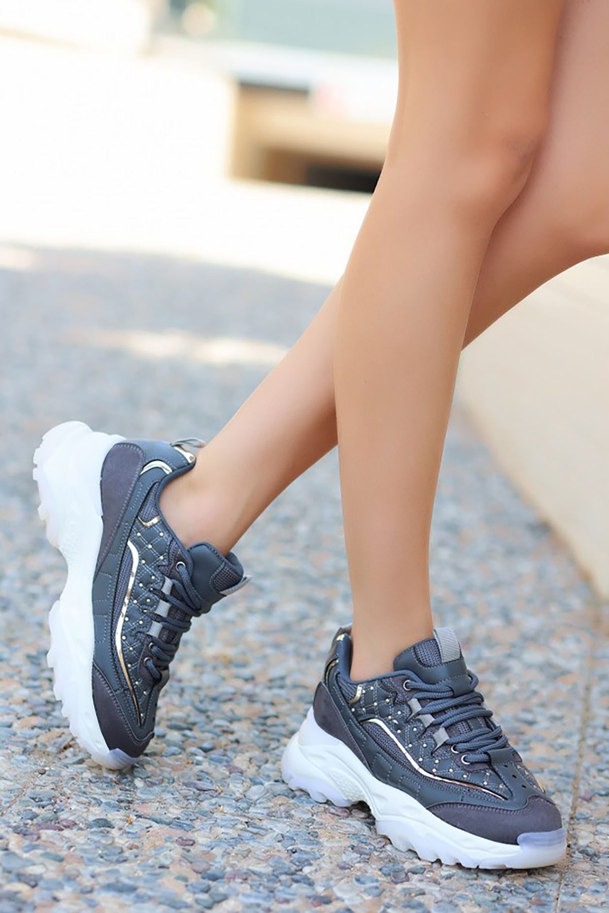 Mida Shoes ERBJİLA Gri Deri Bağcıklı Kadın Spor Ayakkabı