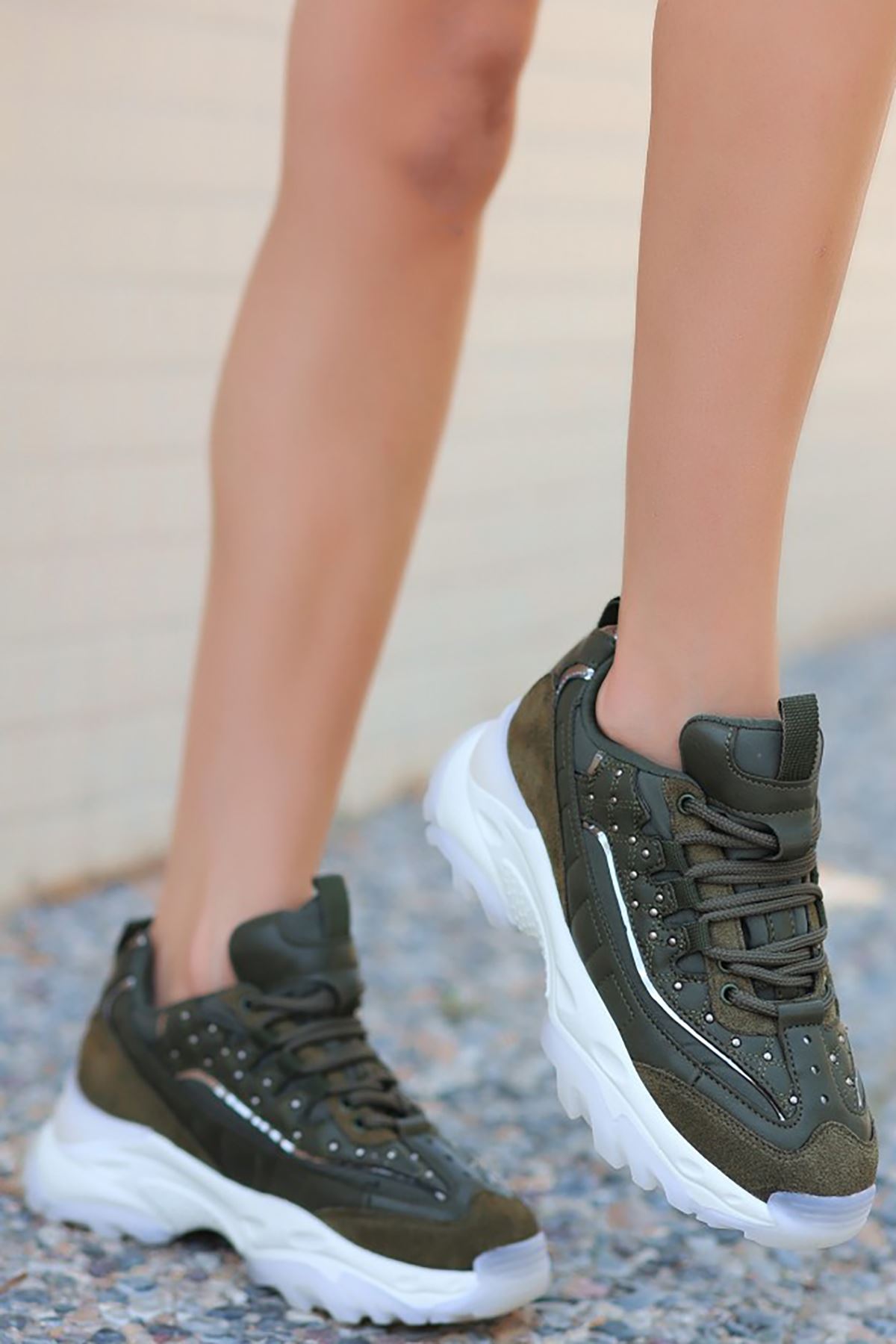 Mida Shoes ERBJİLA Haki Deri Bağcıklı Kadın Spor Ayakkabı