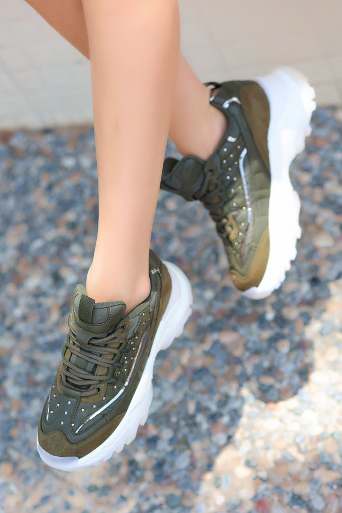 Mida Shoes ERBJİLA Haki Deri Bağcıklı Kadın Spor Ayakkabı