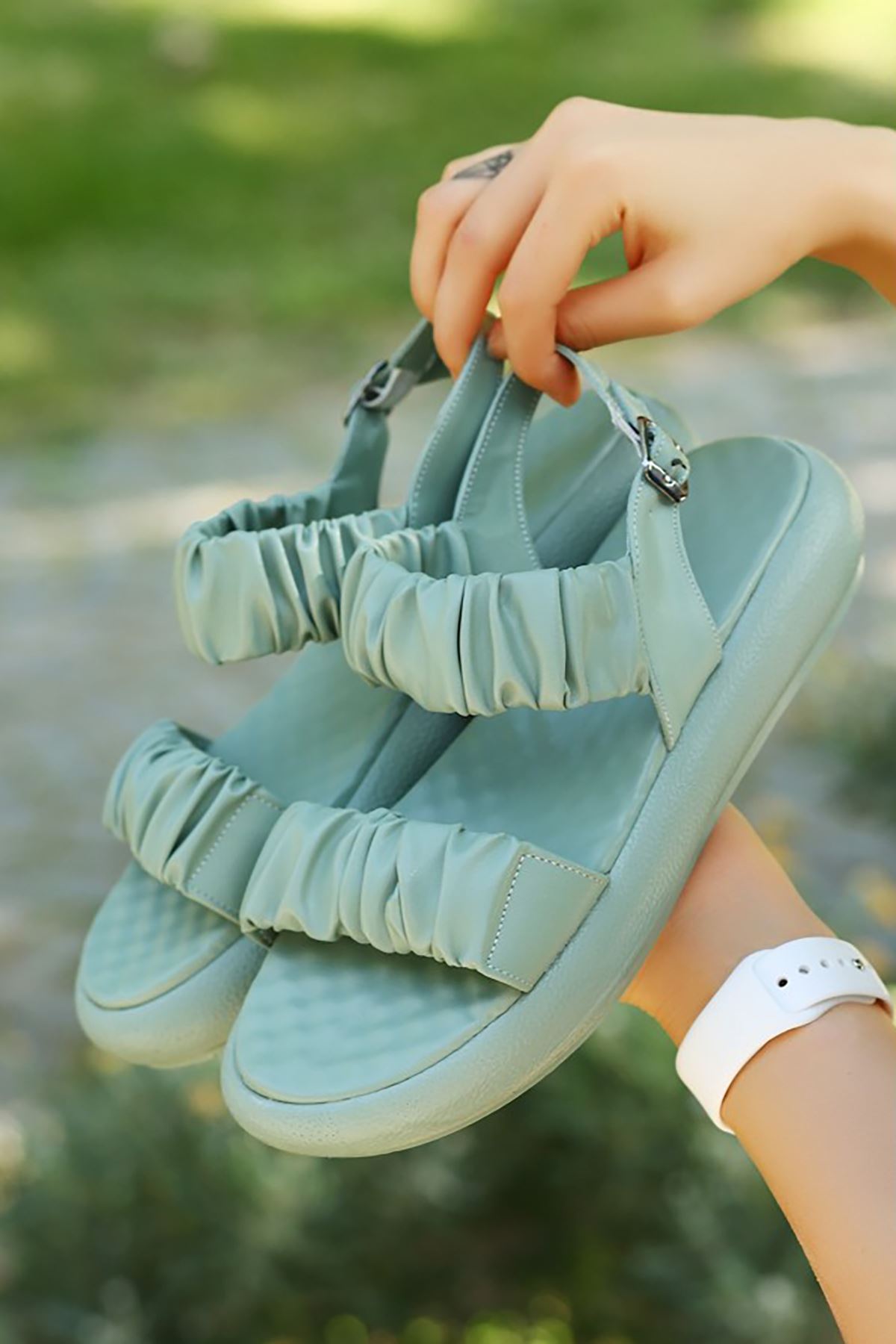 Mida Shoes ERBCandi Mint Yeşili Deri Lastikli Kadın Sandalet