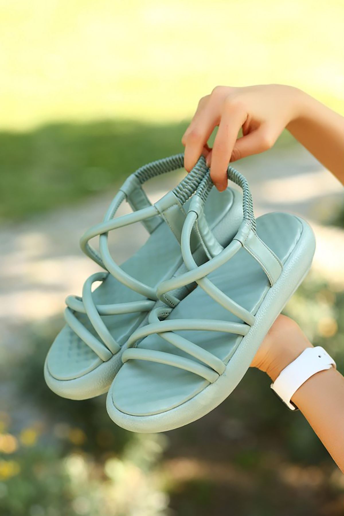 Mida Shoes ERBArfi Yeşil Deri Lastikli Kadın Sandalet