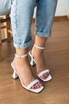 Mida Shoes YBERRY Beyaz Deri Çift Bantlı Yazlık Kadın Topuklu Ayakkabı