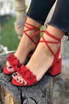 Mida Shoes Y501 Kırmızı Süet Çiçekli Topuklu Ayakkabı