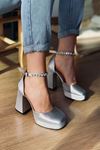 Mida Shoes YMolly Gümüş Deri Platformlu Taşlı Topuklu Ayakkabı