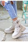 Mida Shoes İras Bej Deri Bağcıklı Kadin Bot