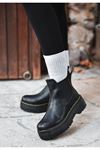 Mida Shoes Koly Siyah Deri Lastikli Kadın Botu