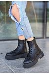 Mida Shoes Lyriç Siyah Deri Bağcıklı Kadın Bot