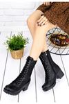 Mida Shoes Robinat Siyah Deri Bağcıklı Kadın Postal