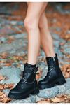 Mida Shoes Shya Siyah Deri Bağcıklı Kadın Bot