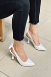 Mida Shoes Y434 Beyaz Deri Önü Kapalı Kadın Topuklu Ayakkabı