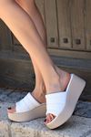 Mida Shoes ERBEbon Beyaz Deri Kadın Dolgu Topuk Terlik