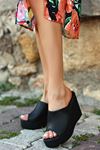 Mida Shoes ERBJannifer Siyah Deri Kadın Dolgu Topuk Terlik