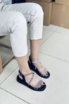 Mida Shoes Y004 Siyah Deri Taşlı Dolgu Topuk Kadın Sandalet