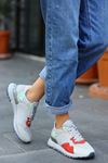 Mida Shoes ERBJAİLE Gri Kırmızı Deri Bağcıklı Kadın Spor Ayakkabı