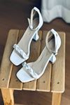 Mida Shoes Y8100 Beyaz Deri Örgülü Topuklu Ayakkabı